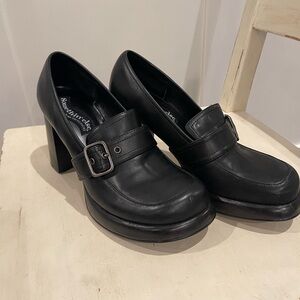 Black Buckle Block Heel Loafers for Women